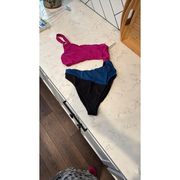 The Bikini Lab cutout color block one piece swimsuit pink blue black size M - Picture 2 of 9